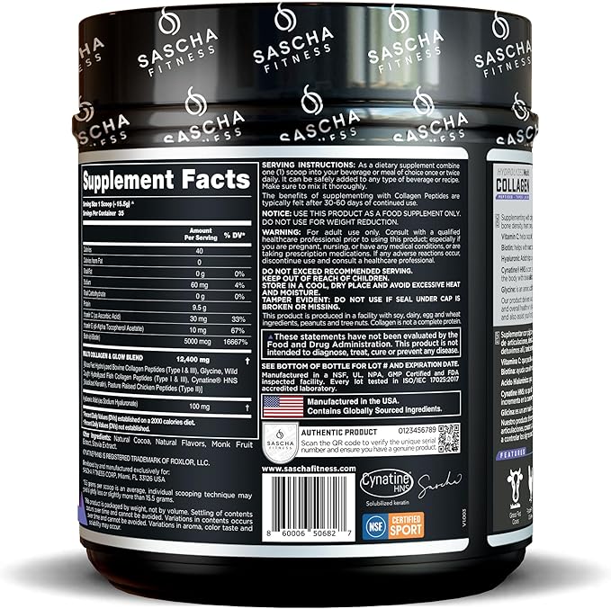 SASCHA FITNESS Hydrolyzed Multi Collagen Peptides Tipes 12 &amp 3 |Hyaluronic Acid|Biotin Cynatine HSN|Vitamin C &amp E |for Hairs Skin &amp Bone Support|Chocolate Flavor