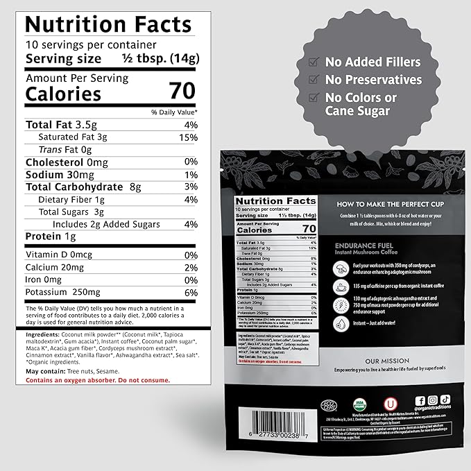 Organic Traditions Endurance Fuel Mushroom Coffee Instant Coffee with Cordyceps Ashwagandha and Maca Rich Mocha Flavor Plant Based Superfood Coffee Alternative 10 Servings 280g / 10oz