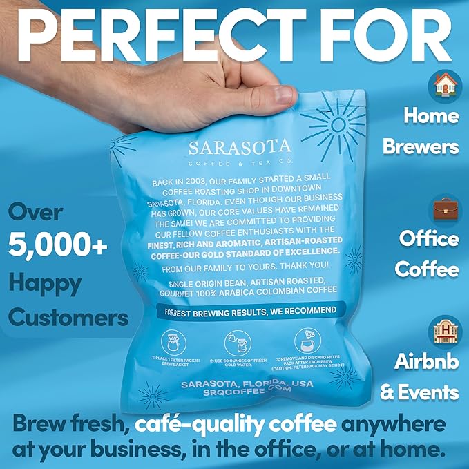 100% Colombian Dark Roast Ground Coffee in Filter Packs | Low Acid Mold Free Premeasured Pouches | Sampler Packets | Gourmet Powder Bags for 10–12 Cup Drip Maker | Highest Rated Individual Coffee