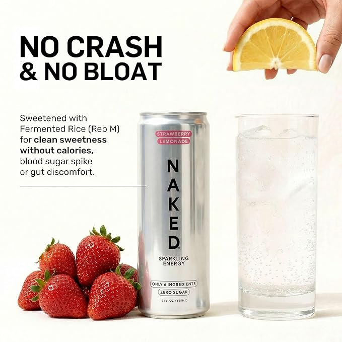 Naked Sparkling Energy Drink - Strawberry Lemonade Organic Caffeine Organic Lemon Juice Zero Sugar No Sucralose Naturally Sweetened Clean Energy Drinks Vegan Gluten-Free Non-GMO - 12oz Cans (