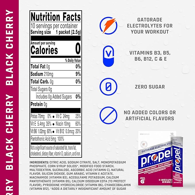 Propel Electrolyte Enhanced Water Drink Mix Powder Packets Black Cherry Zero Calorie &amp Sugar Hydration with Electrolytes and Vitamins C &amp E (120 Packets) (Pack of 2)