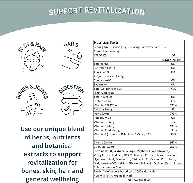 Bioxtron Collagen Peptides Powder - Unflavored Type I Bovine with Stem Cell Renewal for Hair Nail Skin Gut Bone &amp Joint Health Support - Hyaluronic Acid Protein Biotin (250 gr)