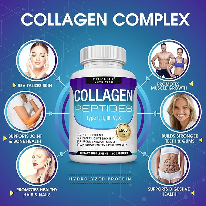 Toplux Multi Collagen Peptides Pills 1800 Mg Complex - Type I II III V X Premium Collagen Complex for Better Skin &amp Hair Strong Joint Hydrolyzed Protein for Men Women 90 Capsules Suppleme