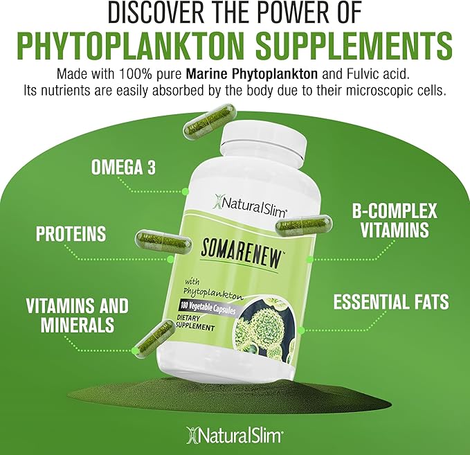 Somarenew Metabolism Booster Gut Cleanse Energy Support &amp Full Body Cleanse Supplement with Marine Phytoplankton (Omega 3) &amp Black Fulvic Acid Superfood - 180 Vegetable Capsules