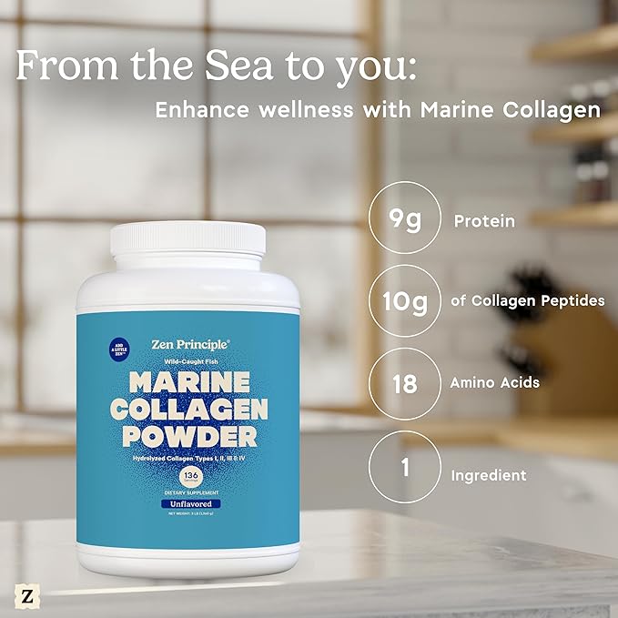 Zen Principle Marine Collagen Peptides Powder 3lb. Wild-Caught Fish Non-GMO. Supports Healthy Skin Hair Joints and Bones. Hydrolyzed Type 1 &amp 3 Protein. Amino Acids Unflavored Easy to Mix.