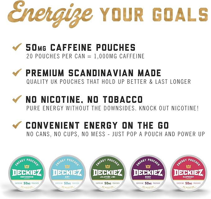 Deckiez Energy Pouches 5 Cans (100 Pouches) Sugar Free Caffeine Supplement Coffee Pouches &amp Energy Drink Alternative 50mg Caffeine Pouches Wintergreen Flavor