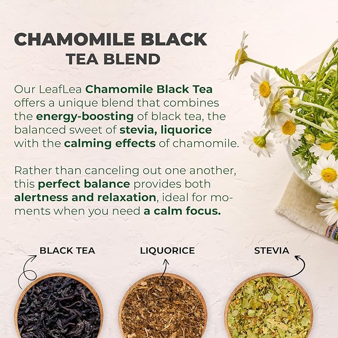 LeafLea Chamomile and Black Tea Blend Chamomile Tea Bags Black Tea &amp Pure Camomile Flowers Manzanilla Tea Bags Stress Relief Vegan Supports Digestion Ideal Wellness Gift Box | 80 Bags