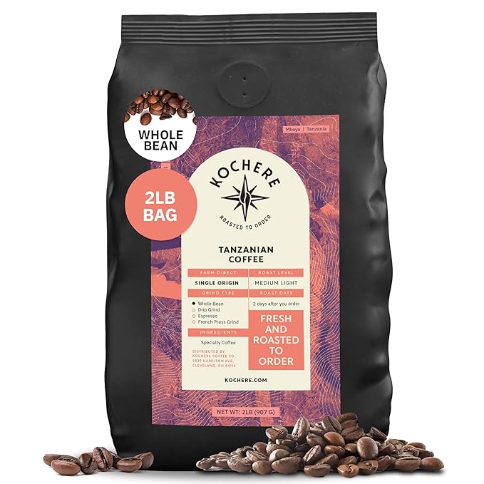 Kochere Tanzanian Specialty Whole Bean Coffee – 2LB Medium Roast – Freshly Roasted to Order – Single Origin Farm Direct Rich and Bright Coffee Beans – Fruity &amp Smooth Notes