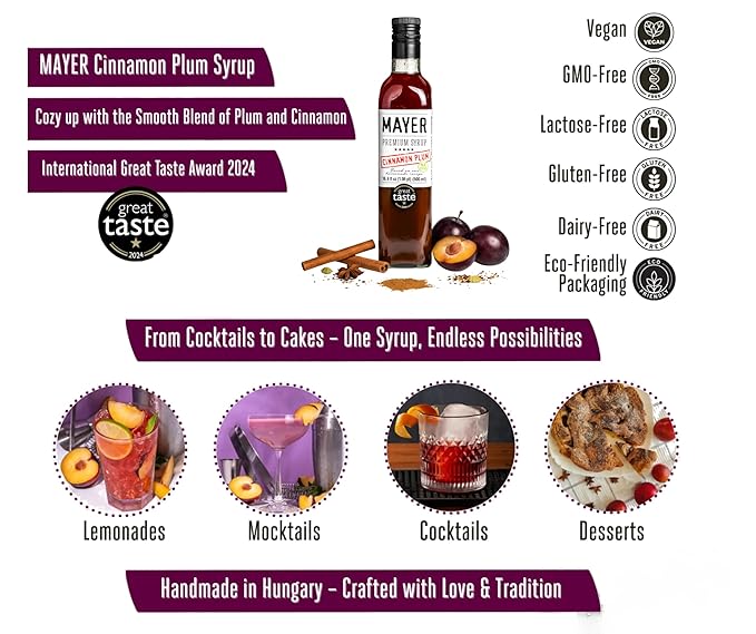 Mayer Premium Cinnamon Plum Syrup – Award-Winning All-Natural Vegan Gluten-Free Made with 100% Real Fruits (16.9oz) Perfect Coffee Syrup &amp Cocktail Syrup No Artificial Additives (1 Pack)