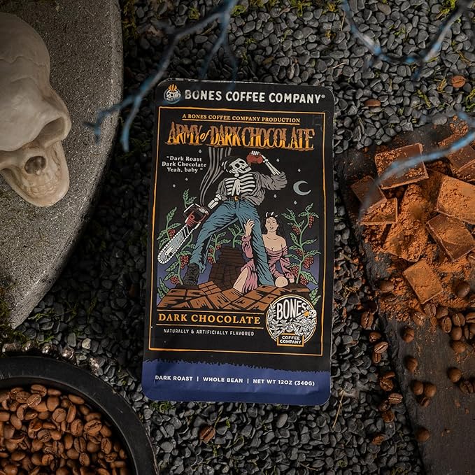 Bones Coffee Company Army of the Dark Chocolate and Cinnamon Roll Flavored Ground Coffee Beans Bundle | 12 oz Medium Roast Arabica Low Acid Coffee (Ground)