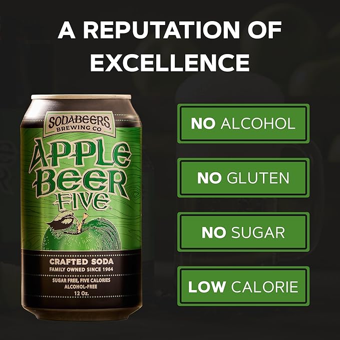 Apple Beer Five | SodaBeers Brewing Co | Alcohol-Free Gluten Free &amp Sugar Free Crafted Apple Soda Refreshing Fruit Beverages Low Calorie Zero Sugar Soda (12 Cans)