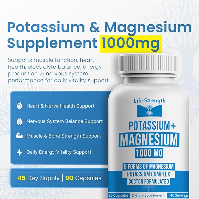 Life Strength Potassium Magnesium Supplement 1000mg (90 Caps) – Potassium Magnesium Complex with Aspartate Glycinate Oxide Gluconate &amp Citrate – Muscle Heart &amp Electrolyte Support - 45-Day