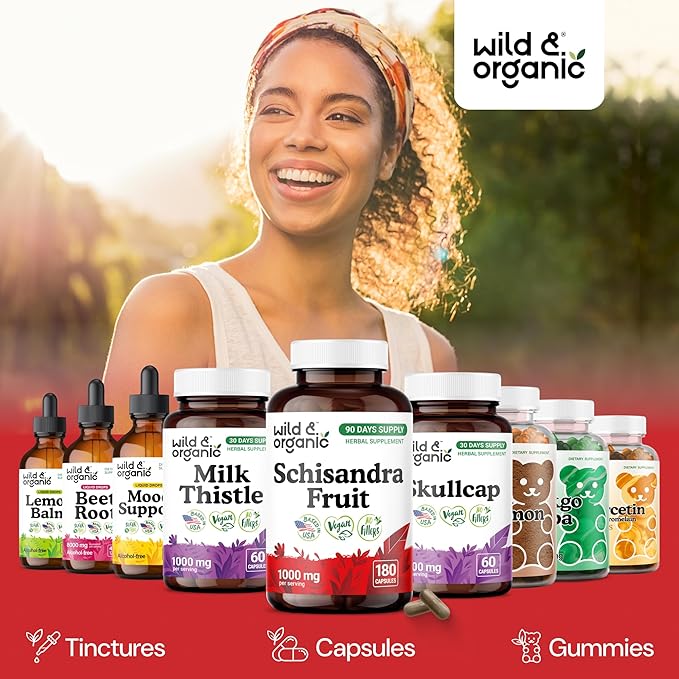 Wild &amp Organic Schisandra Extract Capsules 1000 mg - Mood &amp Relaxation Support - Natural Schisandra Supplement - Vegan No Fillers Non-GMO - 180 Count