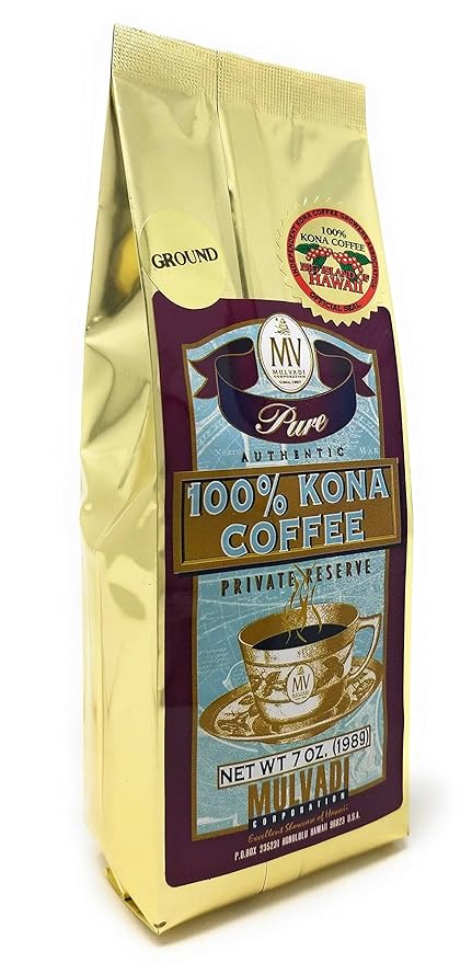 Mulvadi 100% Kona Coffee Private Reserve Ground 7 oz Resealable Bag – Premium Hawaiian Coffee