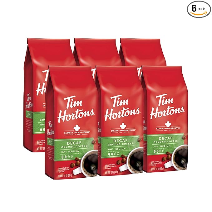 Tim Hortons Decaf Blend Medium Roast Ground Coffee Perfectly Balanced Always Smooth Made with 100% Arabica Beans 72 Ounce (6 x 12 oz Bags)