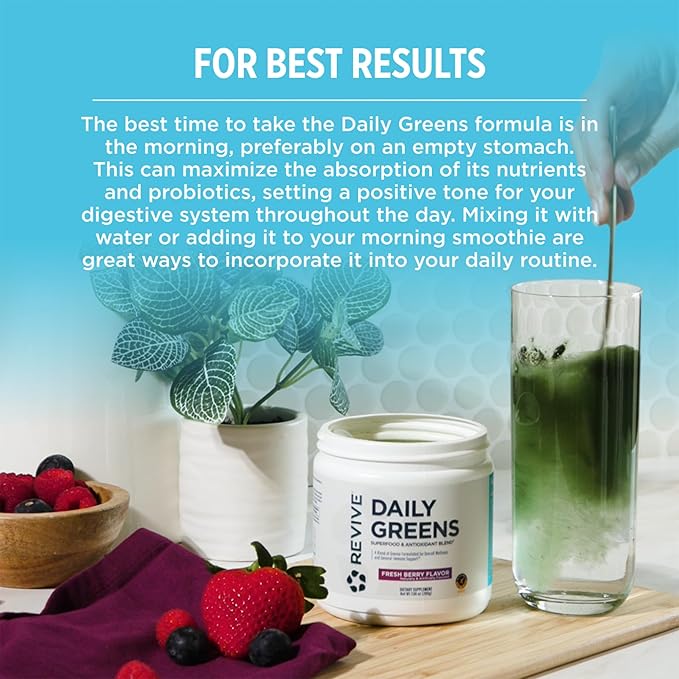 Revive MD Daily Green Powder Superfood (Fresh Berry) - Supergreens Powder to Support Energy Levels - Green Juice That Improves Fiber Intake - Vegetable Supports Digestion and Gut Health (30 Servings)
