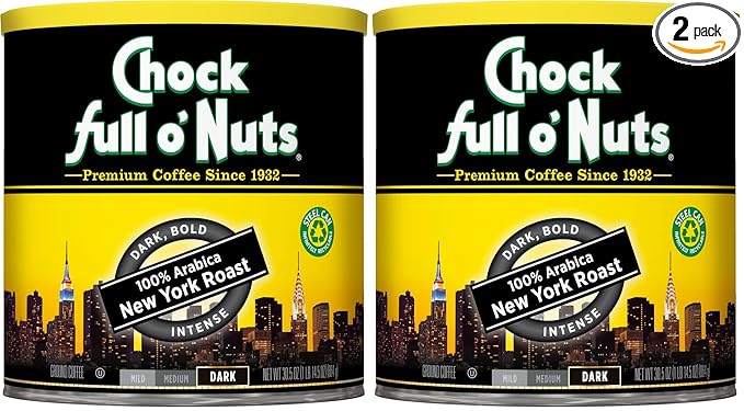 Chock Full o'Nuts Coffee Dark Roast Ground | New York Roast | Arabica Beans | 30.5 Oz Can | Pack of 2