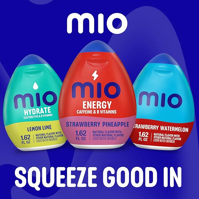 Mio Energy Water Enhancer Variety Pack 1.62 fl oz 4 Flavors (Tropical Fusion Strawberry Pineapple Black Cherry Green Thunder) with Caffeine and B-Vitamins Zero Sugar
