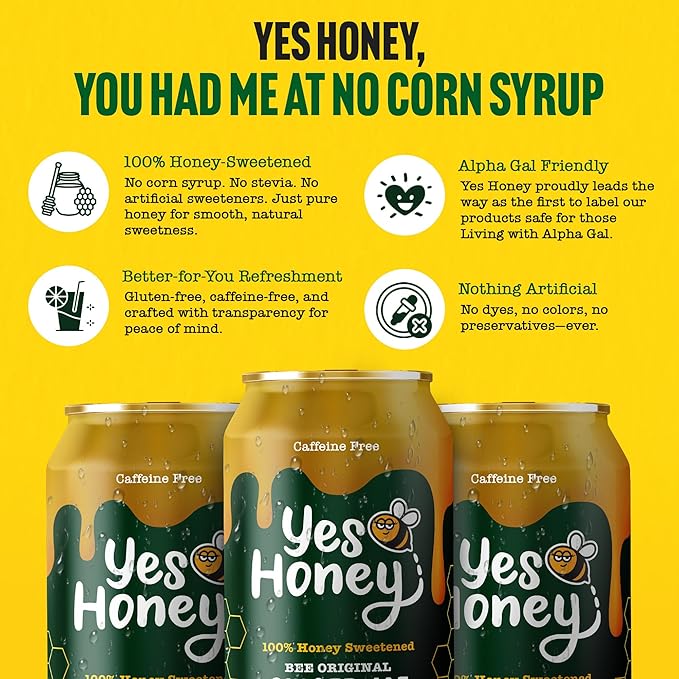 Yes Honey Soda Ginger Ale 11oz (12-Cans) 100% Honey-Sweetened Healthy Soda Alpha Gal Friendly Gluten Free Caffeine Free No Added Sugar