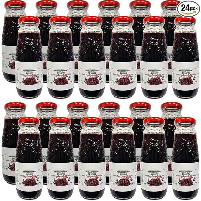 Pomegranaze Organic Pomegranate Juice 6.7 fl oz Glass Bottle 24 Pack 100 Percent Pure Juice No Sugar Added No Artificial Colors or Preservatives Gluten Free Kosher Convenient Single Serve Bottles