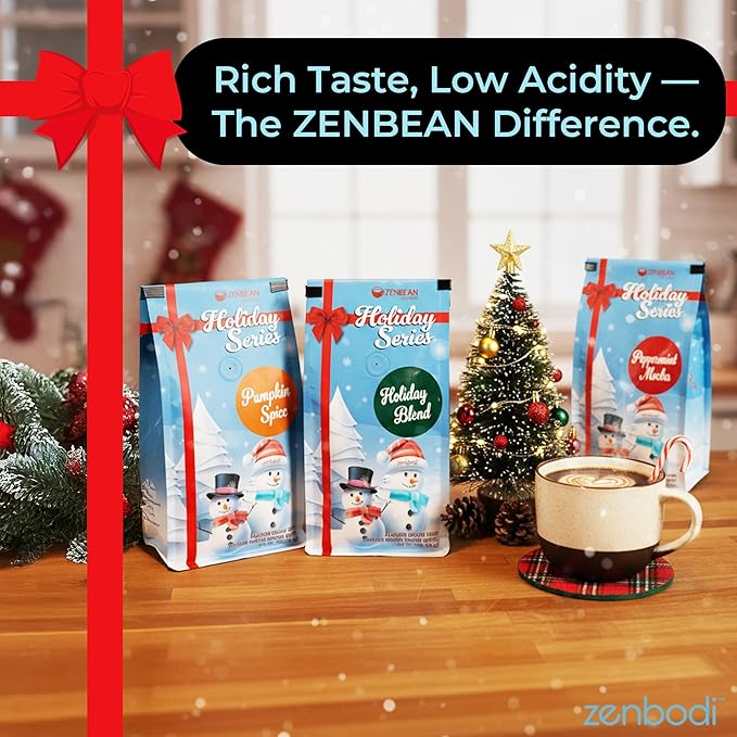 ZENBEAN Holiday Series Flavored Coffee Bundle - Pumpkin Spice Holiday Blend and Peppermint Mocha - Medium Grind Infrared Roasted Arabica Coffee Low Acid with Rhodiola Rosea and L-Theanine