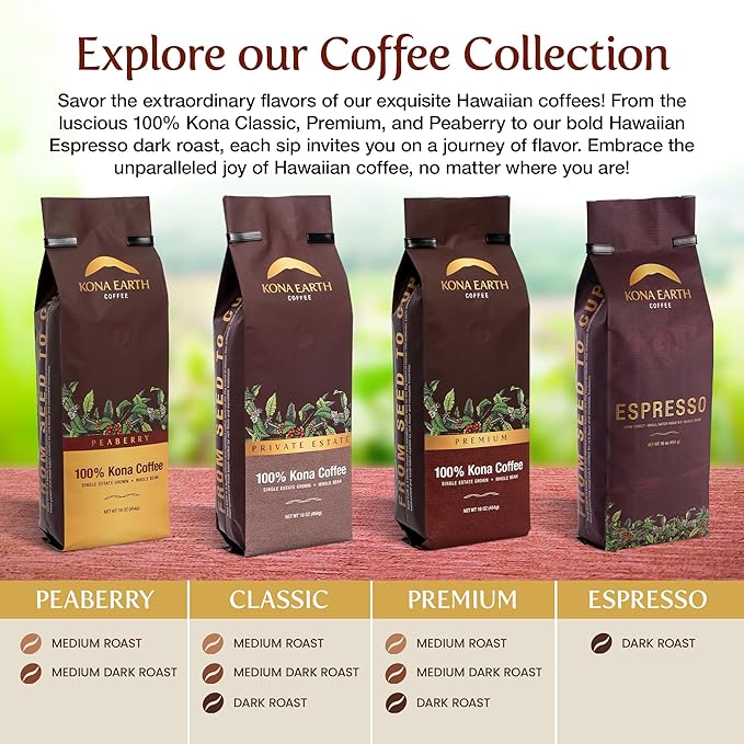 KONA EARTH 100% Kona Premium Coffee Medium Roast Whole Bean 5 lb (80 oz) Farm-Direct Authentic Hawaiian Kona Coffee beans from Hawaii’s Big Island Micro-Batch-Roasted