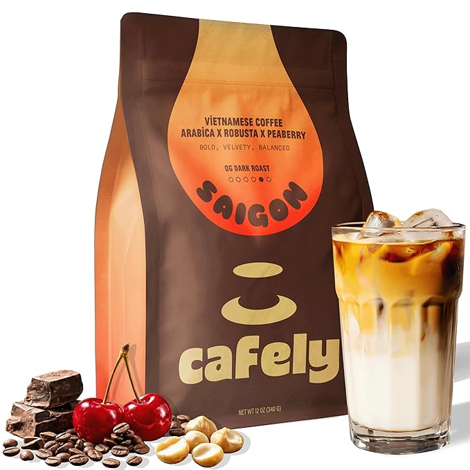 Cafely SaiGon OG - Robusta &amp Arabica Blend Whole Bean Vietnamese Coffee – Dark Roast High Caffeine (Bold &amp Smooth) Signature Blend Low Acid Single Origin Direct Trade For Espresso Phin