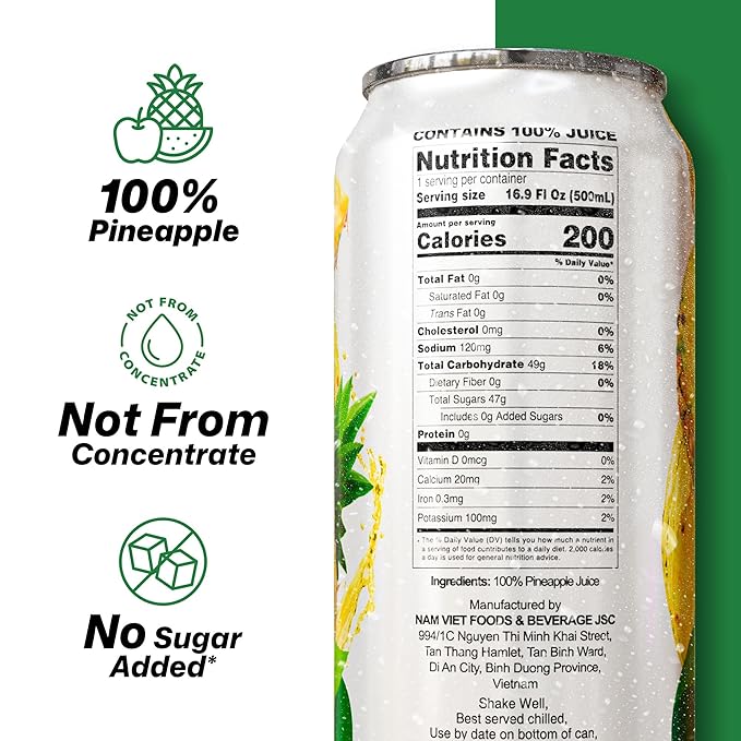 VINUT 100% Pineapple Juice No Added Sugar Not From Concentrate 16.9 fl oz (500 mL) Can Pack of 12