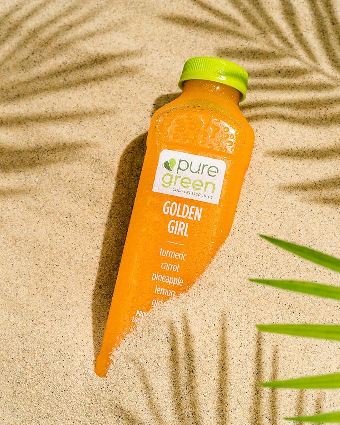 Pure Green Cold Pressed Juice - Golden Girl - Fresh Functional Blend with Turmeric Carrot Pineapple Lemon Ginger - Natural Gluten Free Non-GMO No Artificial Colors or Flavors - Made from Real F
