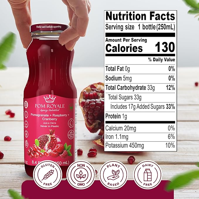 Pomegranate Raspberry Cranberry 8.4 Ounce Glass Bottle (Pack of 15) Cold Pressed Juice Non-GMO Gluten Free Kosher Certified Preservative Free