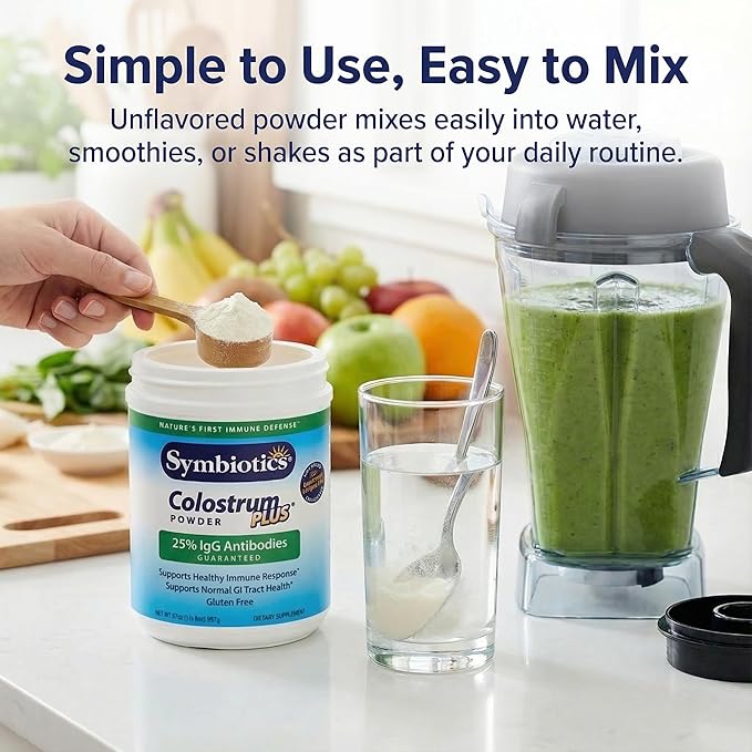 Symbiotics Colostrum Plus Powder 6.3 oz - Immune &amp Muscle Recovery Support 25% IgG Immunoglobulins Gut Health &amp Training Resilience Unflavored Gluten Free - 6.3 oz