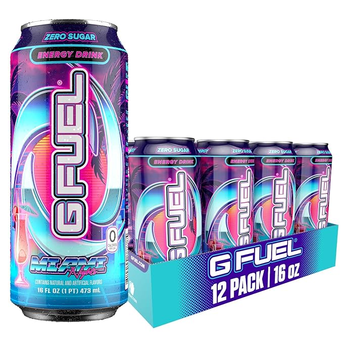 G Fuel Energy Drink Strawberry Pina Colada Sugar Free Beverage with 140mg Caffeine Daily Energy Boost with Focus Amino Vitamin + Antioxidants 16 oz Cans (Miami Nights 12-Pack)