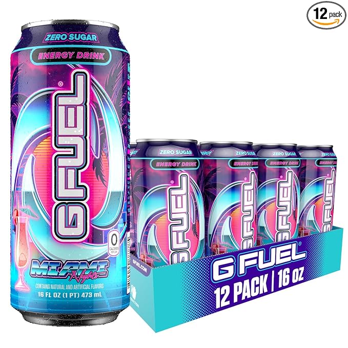 G Fuel Energy Drink Strawberry Pina Colada Sugar Free Beverage with 140mg Caffeine Daily Energy Boost with Focus Amino Vitamin + Antioxidants 16 oz Cans (Miami Nights 12-Pack)