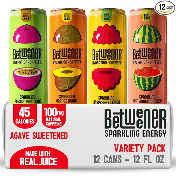 Betweener Sparkling Energy Seltzer Sparkling Water w/Real Juice &amp 100mg Caffeine Light &amp Refreshing L-Theanine for Focus Vitamins B+C - Low Sugar - 45 Cals - Variety Pack (12 Pack)
