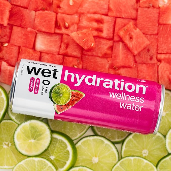 Wet Hydration | Functional Wellness Water Non-Carbonated - Watermelon Lemon Lime (12 Ounce Cans Pack of 12) - Flavored Water Hydration Drink No Sugar No Artificial Ingredients Zero Calories