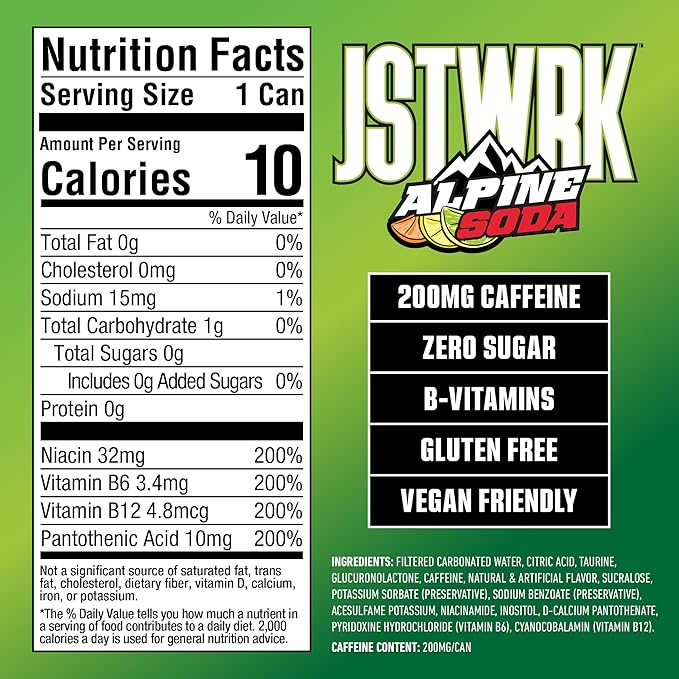 JST WRK Energy Drink - 12-Pack Sugar-Free Zero Calories No Sugar Alcohols 12 Fl Oz. 200 milligrams Caffeine (Alpine Soda)