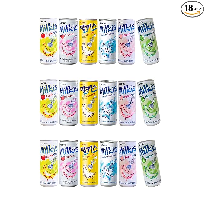 Lotte Milkis 6 Flavors Combo (Original Apple Melon Peach Banana &amp Strawberry) (6 x 3 cans 8.45 FL Oz (Pack of 18))