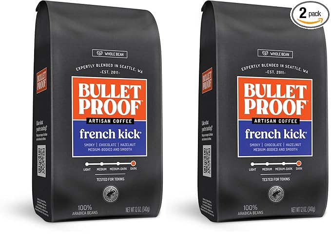 Bulletproof French Kick Dark Roast Whole Bean Coffee 12 Ounces Clean Coffee Tested for Toxins Packaging May Vary (Pack of 2)