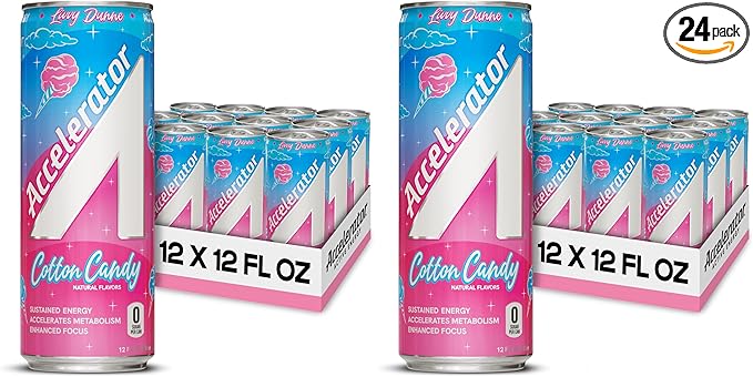 Accelerator Energy Drink Cotton Candy 12oz can Zero Sugar Sustained Energy from 100% Natural Caffeine (200mg from Green Coffee Bean &amp Green Tea extract) (Pack of 24)