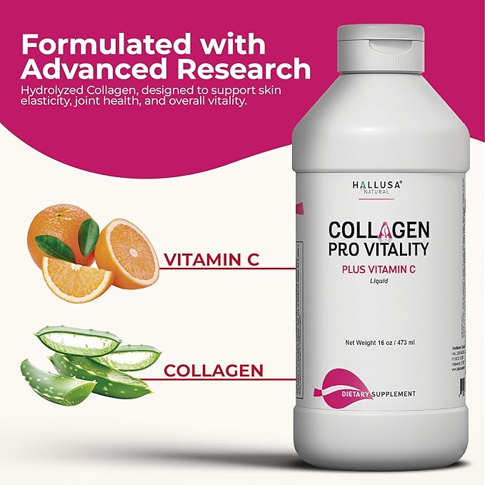 Hallusa Natural COLAGENO LIQUIDO HIDROLIZADO MAS VITAMINAS C | Collagen Pro Vitality Plus Vitamin C | Liquid Hydrolyzed Collagen 16oz with Vitamin C | Healthy Hair Skin Nails Bone &amp Joint Suppo