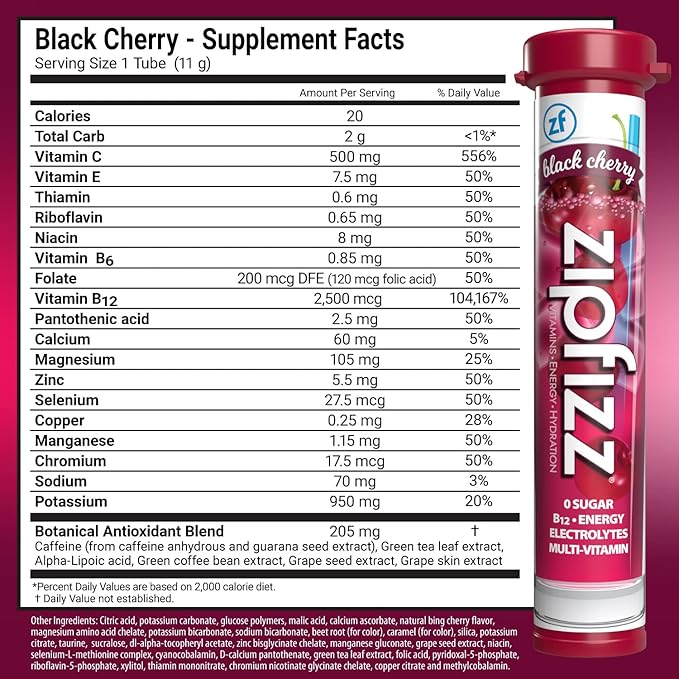 Zipfizz Energy Drink Mix Electrolyte Hydration Powder with B12 and Multi Vitamin Black Cherry 20 Count (Pack of 2)