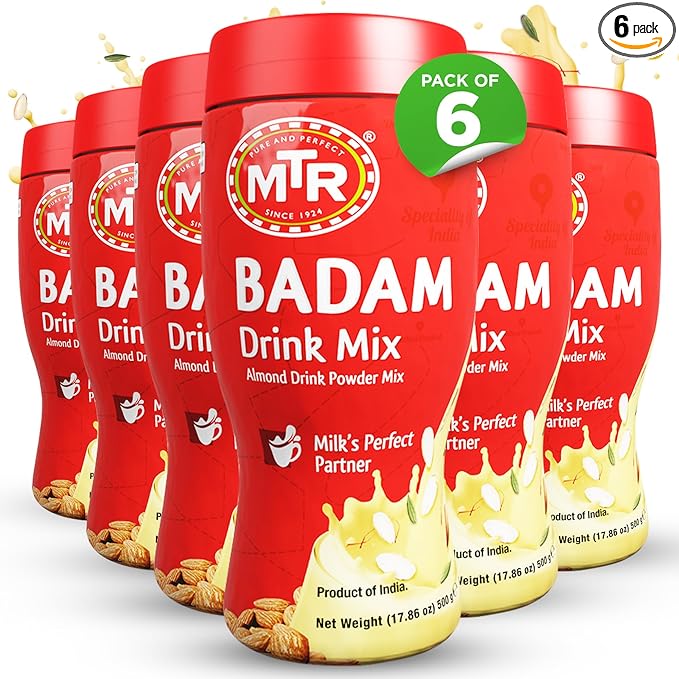 MTR Badam Drink Mix – 500g Pack of 6 Multi-purpose Drink Mix Premium Almond Drink Mix made with select quality Almonds Saffron &amp Cardamom Authentic Indian Flavor Quick &amp Easy to Prepare