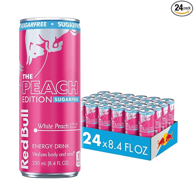 Red Bull Peach Edition Sugarfree Energy Drink White Peach 8.4 fl. oz. Case of 24 cans with 80mg Caffeine Taurine &amp B Vitamins