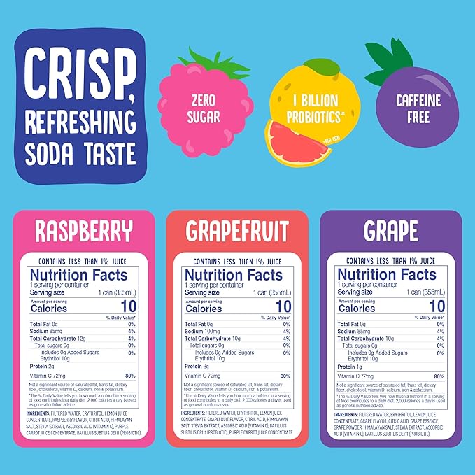 Cove Probiotic Soda Soft Drinks with Zero Sugar – Refreshing Functional Soda Alternative with Probiotics &amp Vitamin C – Naturally Flavored Caffeine-Free Sparkling Beverage - Fruity Variety 12 Pack