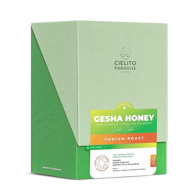 Medium Roast Gesha Honey Coffee - Whole Bean from Garzón Huila Colombia Single Origin Exotic Notes of Mandarin Tangelo Strawberry &amp Grape 12oz