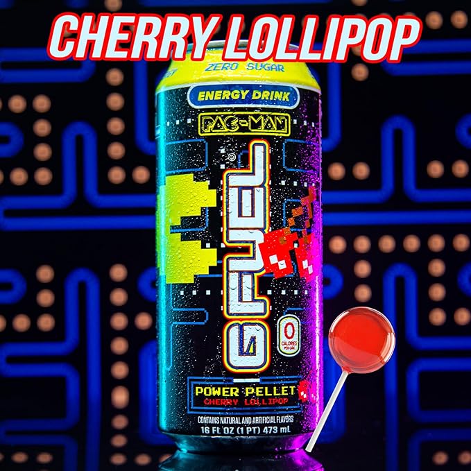 G Fuel Energy Drink Cherry Lollipop Sugar Free Beverage with 140mg Caffeine Daily Energy Boost with Focus Amino Vitamin + Antioxidants 16 oz Cans (Pac-Man Power Pellet 12-Pack)