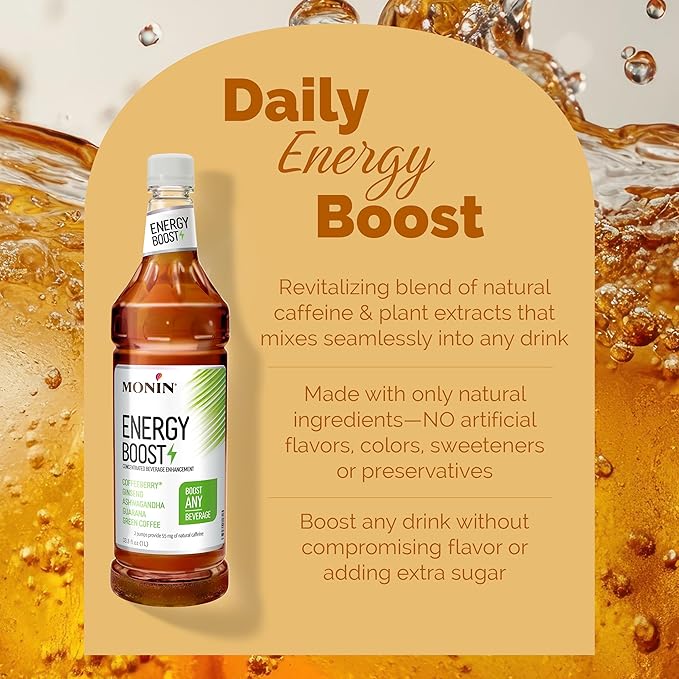 Monin - Energy Boost Liquid Energy Supplement Subtle Tea Flavor Zero Added Sugar Great for Coffee Soda &amp More Low-Calorie Contains Natural Caffeine Gluten-Free Clean Label (1 Liter + Pum