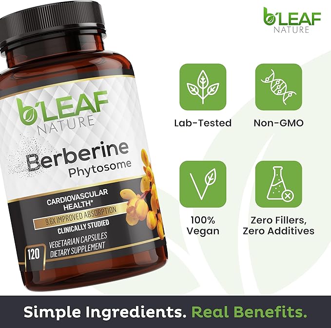 B’Leaf Nature Berberine Phytosome 120 Capsules – 1100mg Berberine Supplement for Metabolic and Cardiovascular Support – Vegan Gluten-Free Non-GMO Berberine Phytosome Capsules for Immune Wellness