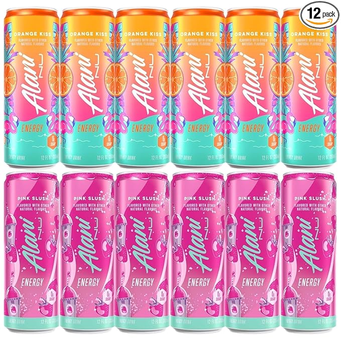 Generic Alani Energy Drinks Variety Pack - (Pack Of 12) - 2 Different Flavors : Pink Slush and Orange Kiss - 12 fl.oz. Can -