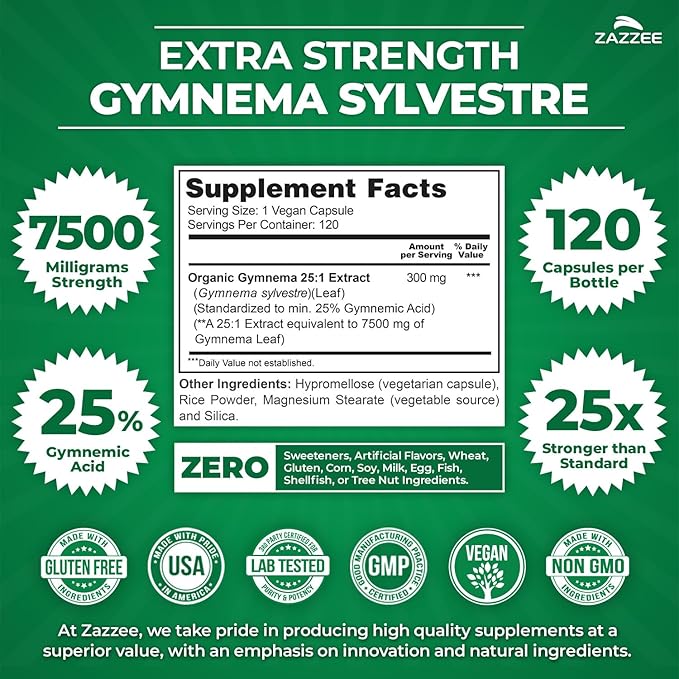 Zazzee Organic Gymnema Sylvestre 25:1 Extract 7500 mg Strength 25% Gymnemic Acid 120 Vegan Capsules 4 Month Supply Standardized and Concentrated 25X Extract All-Natural and Non-GMO (Pack of 2)
